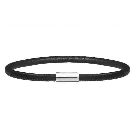 Silver Black Leather Bracelet 