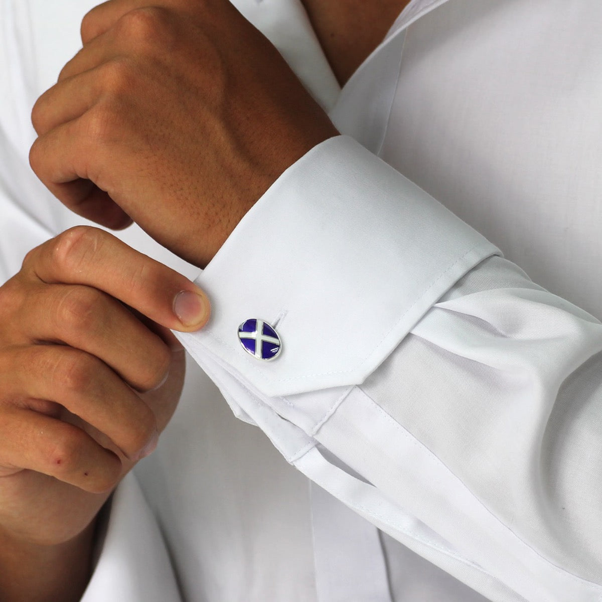 Silver scottish saltire cufflinks on shirt