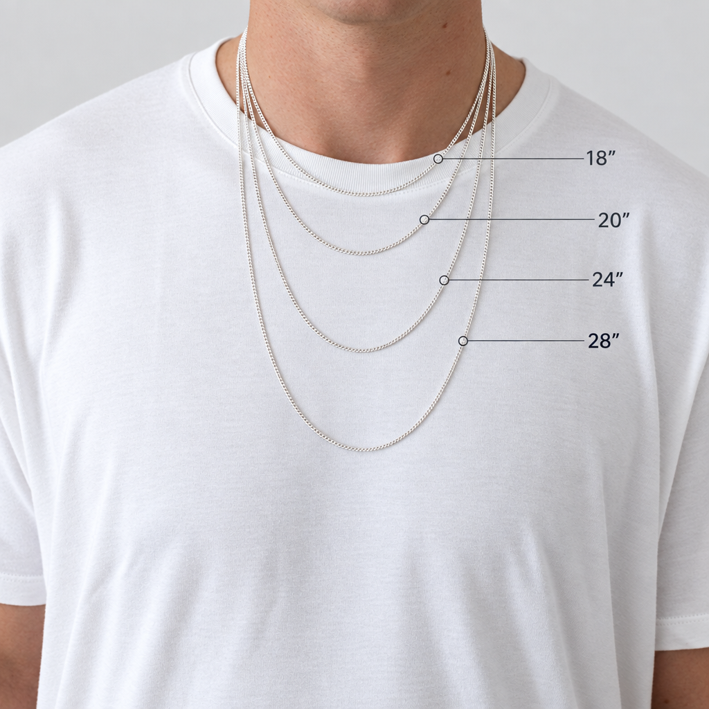 Man wearing a curb chain necklace with labeled chain lengths on a white background