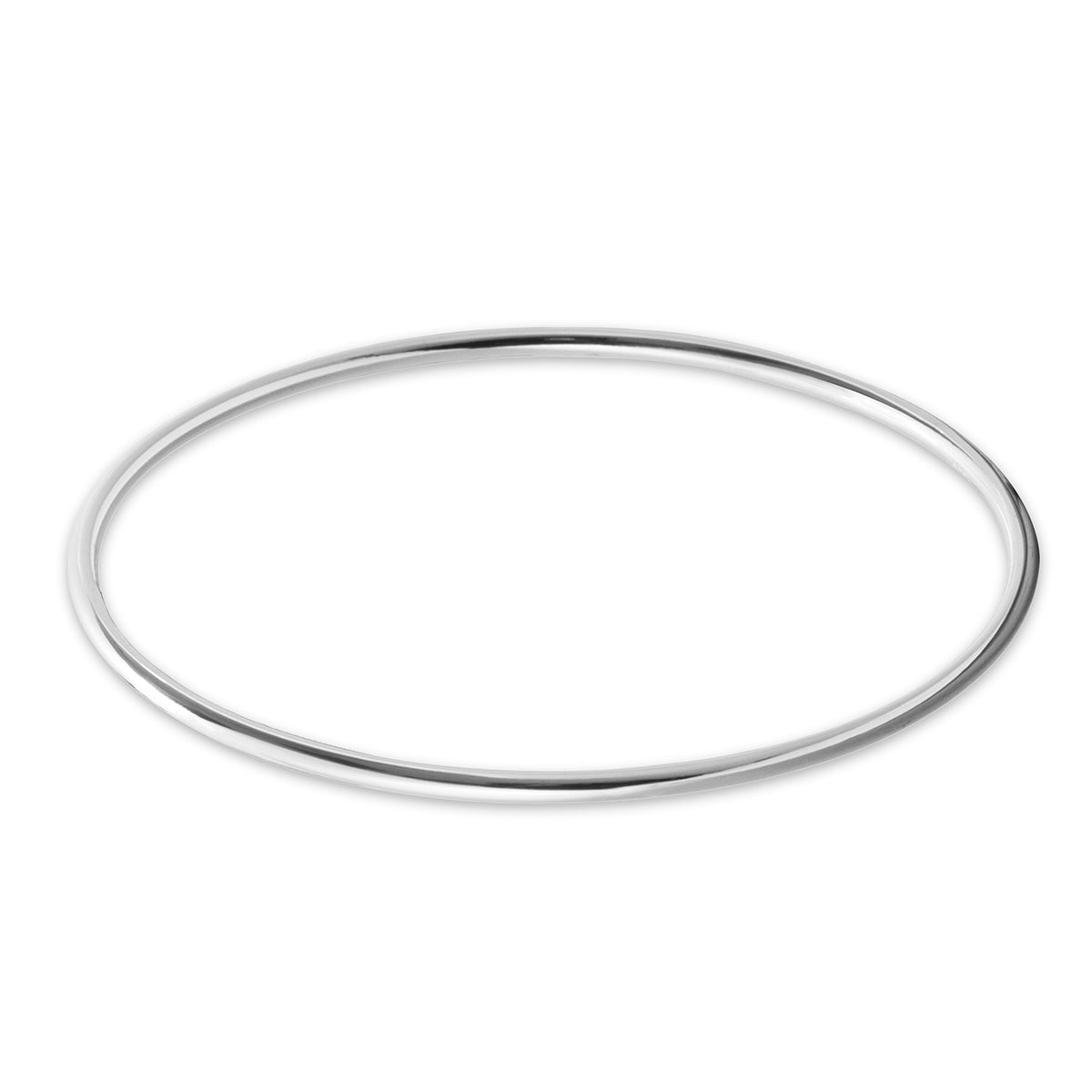 A slim sterling silver bangle with a shiny finish, displayed on a white background.
