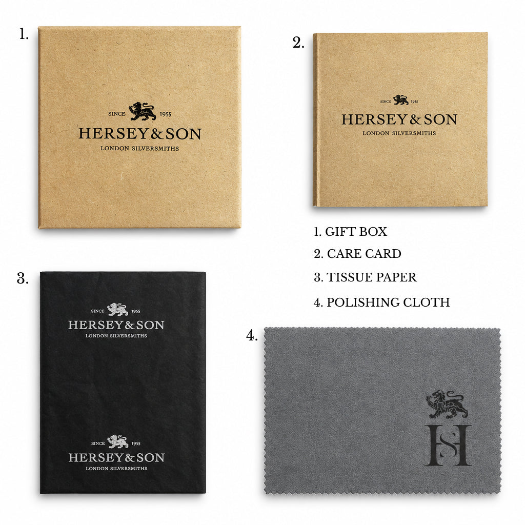 Set of items from Hersey & Son including a gift box, care card, tissue paper, and polishing cloth.