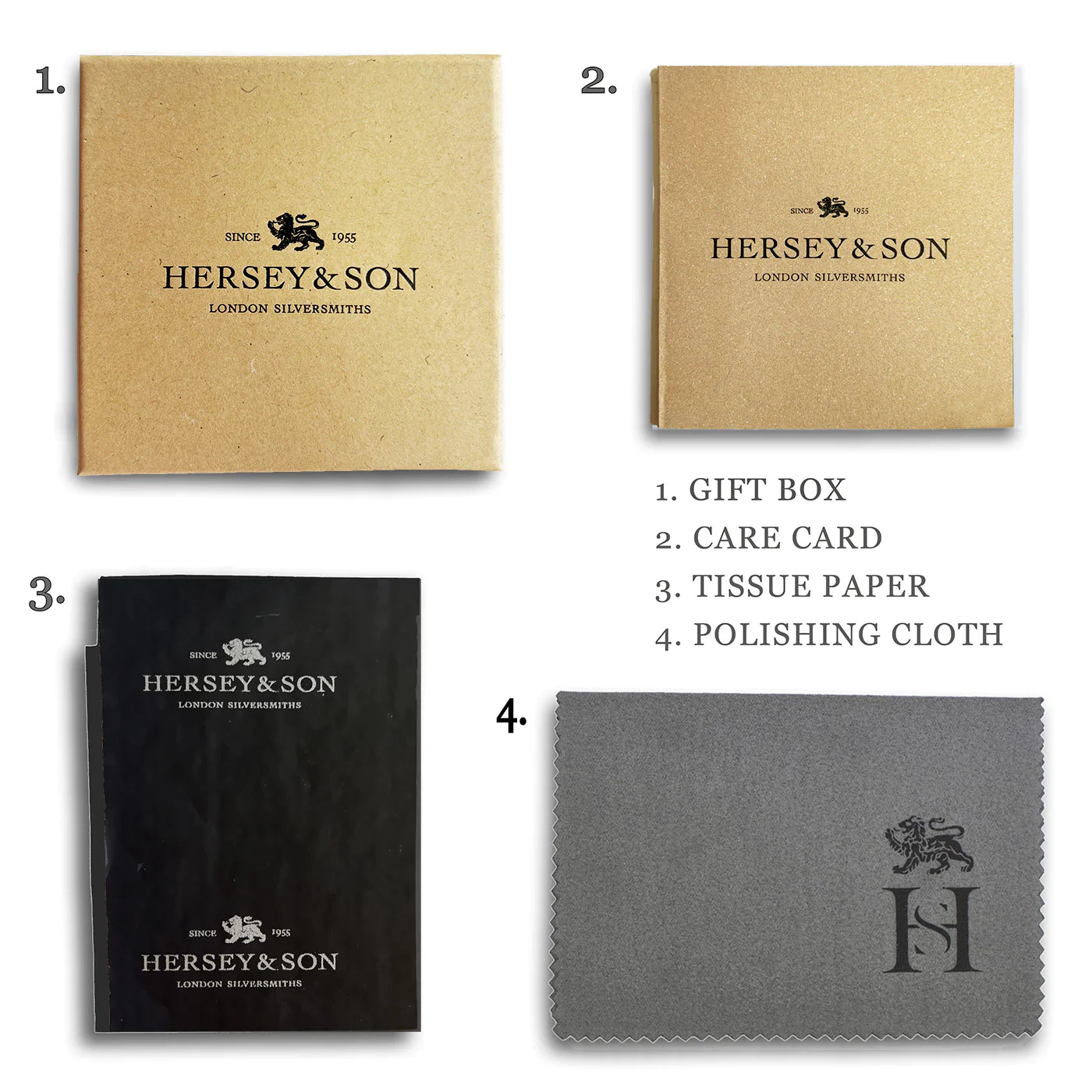Set of items from Hersey & Son including a gift box, care card, tissue paper, and polishing cloth.