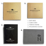 Set of items from Hersey & Son including a gift box, care card, tissue paper, and polishing cloth.