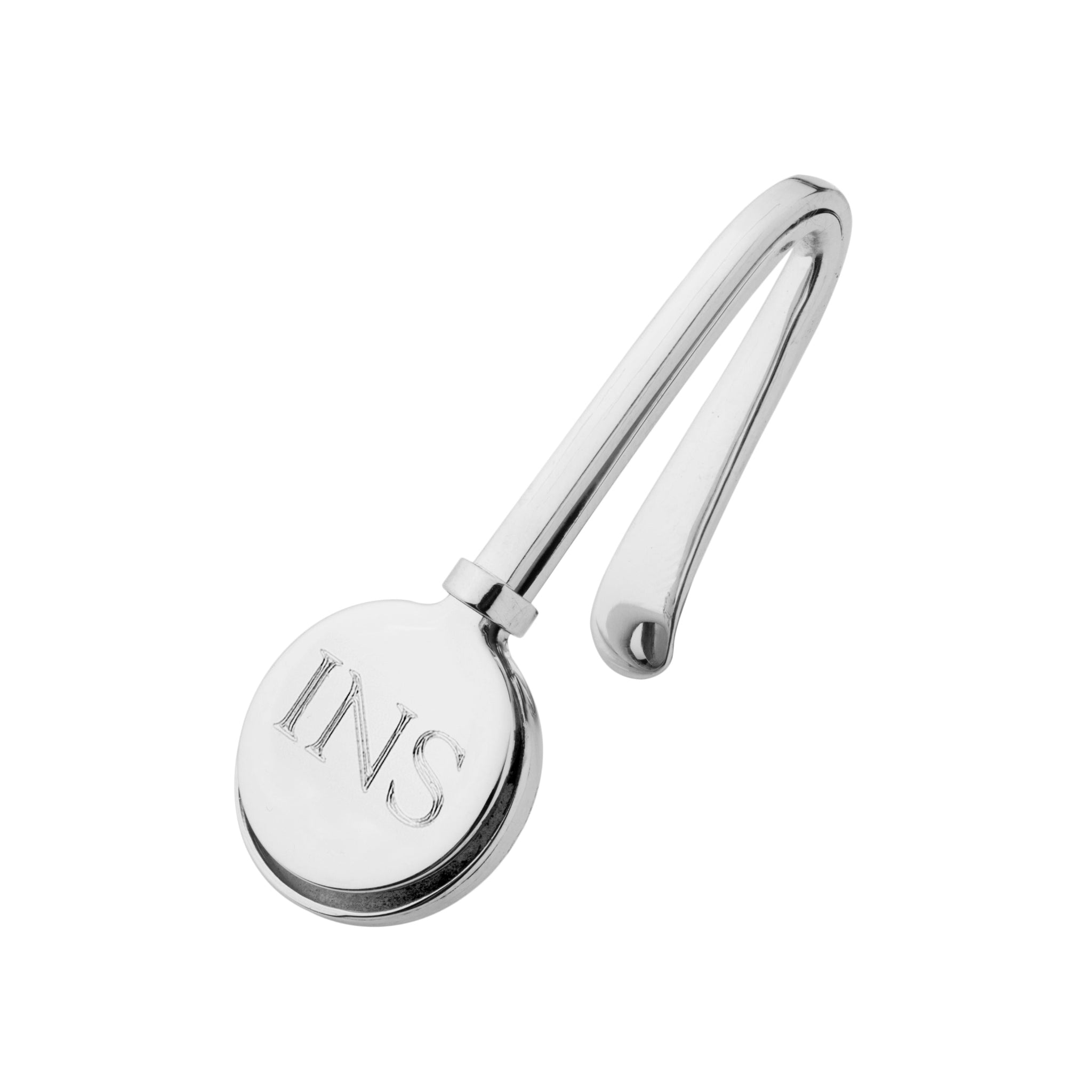 A polished silver napkin hook with a circular disc end engraved with the initials 'INS', shown on a plain white background.