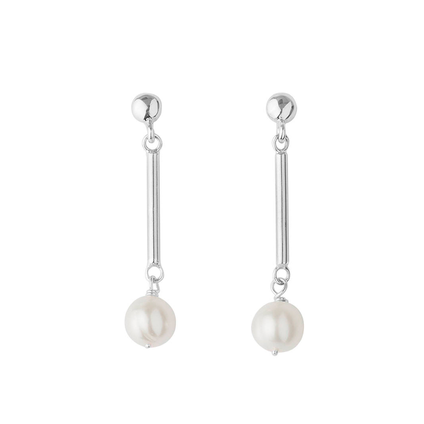 Pair of silver earrings with pearl drops on a white background