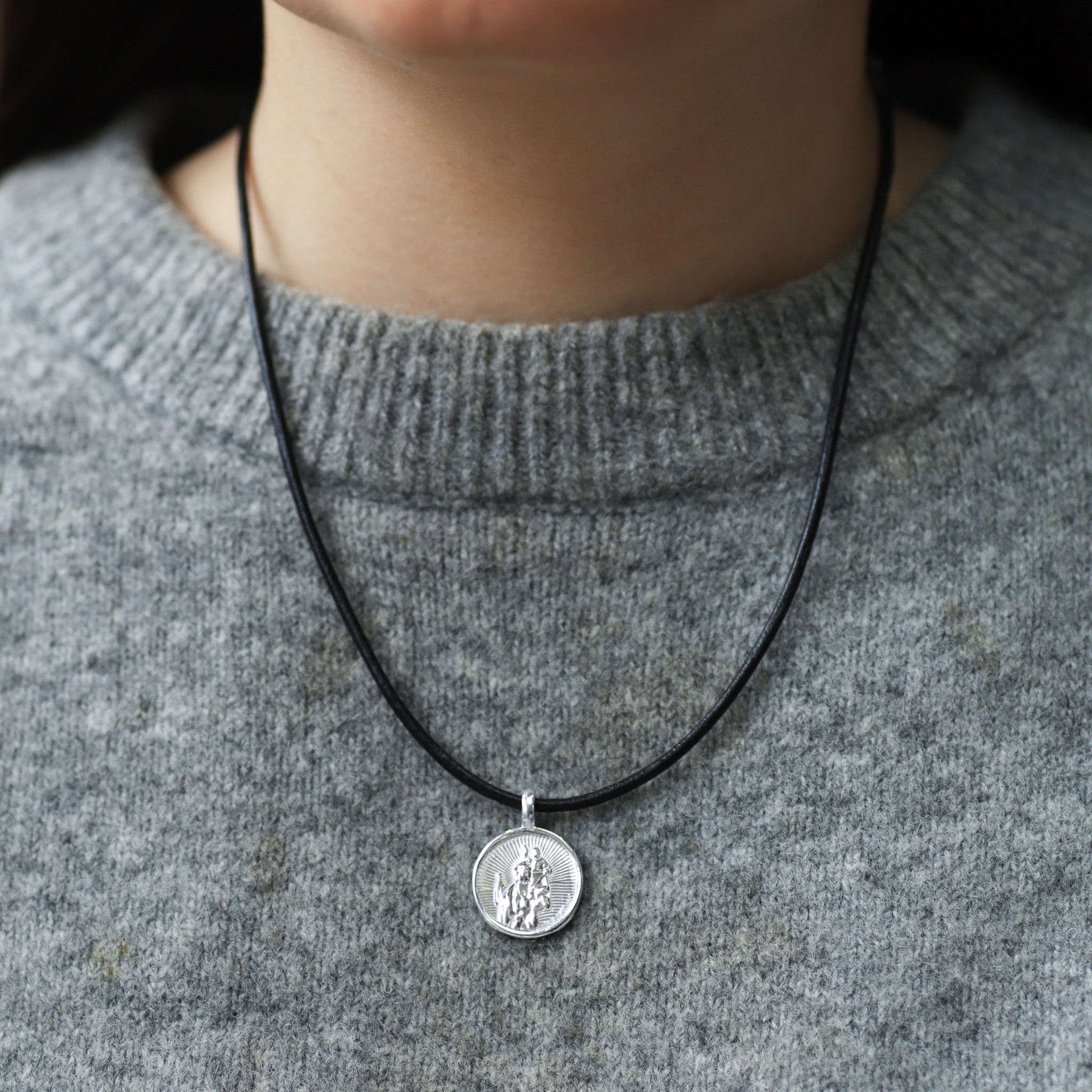 Sterling Silver St Christopher Pendant on Leather Necklace