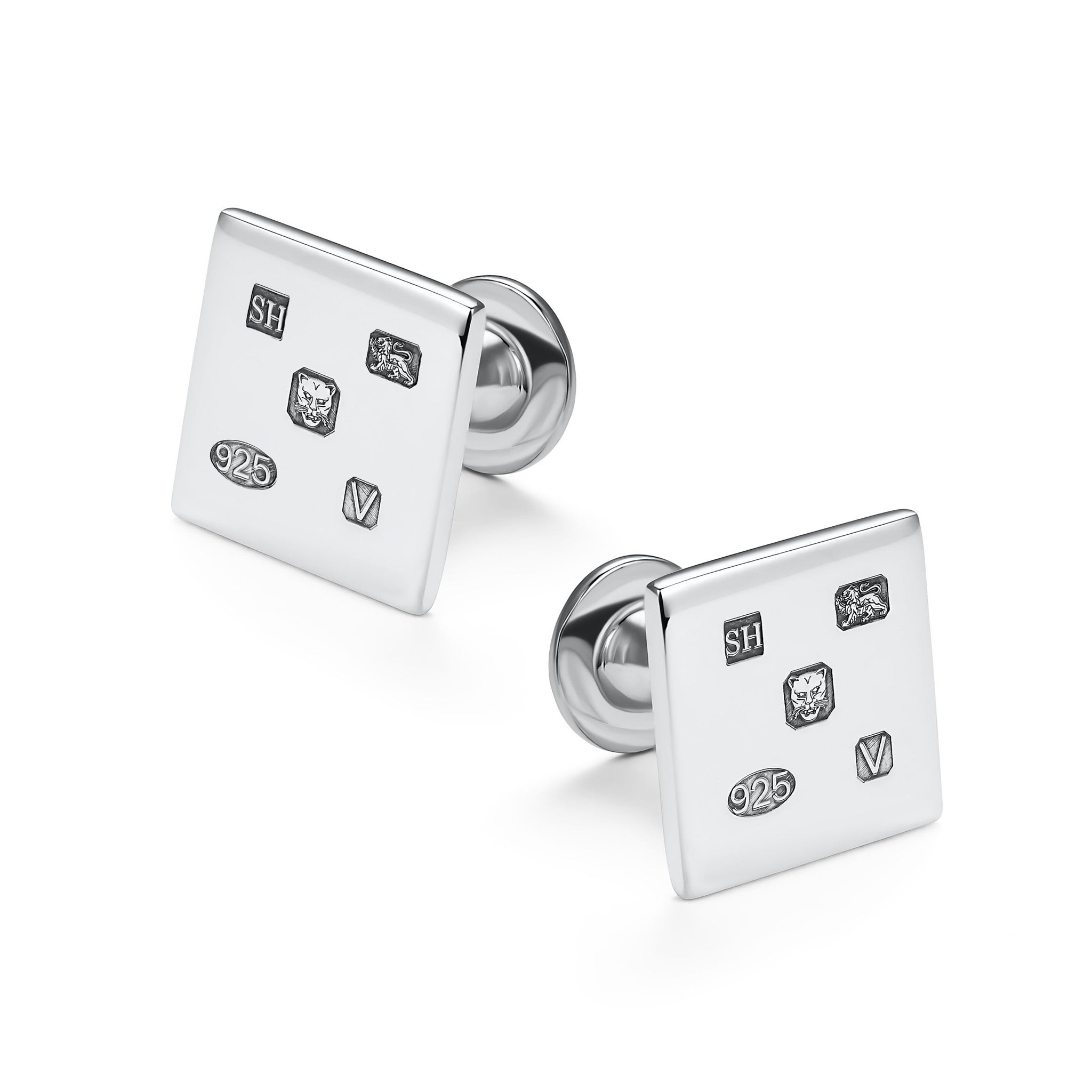 Silver square cufflinks with hallmarks on a white background