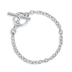 Silver chain bracelet with a t-bar clasp on a white background