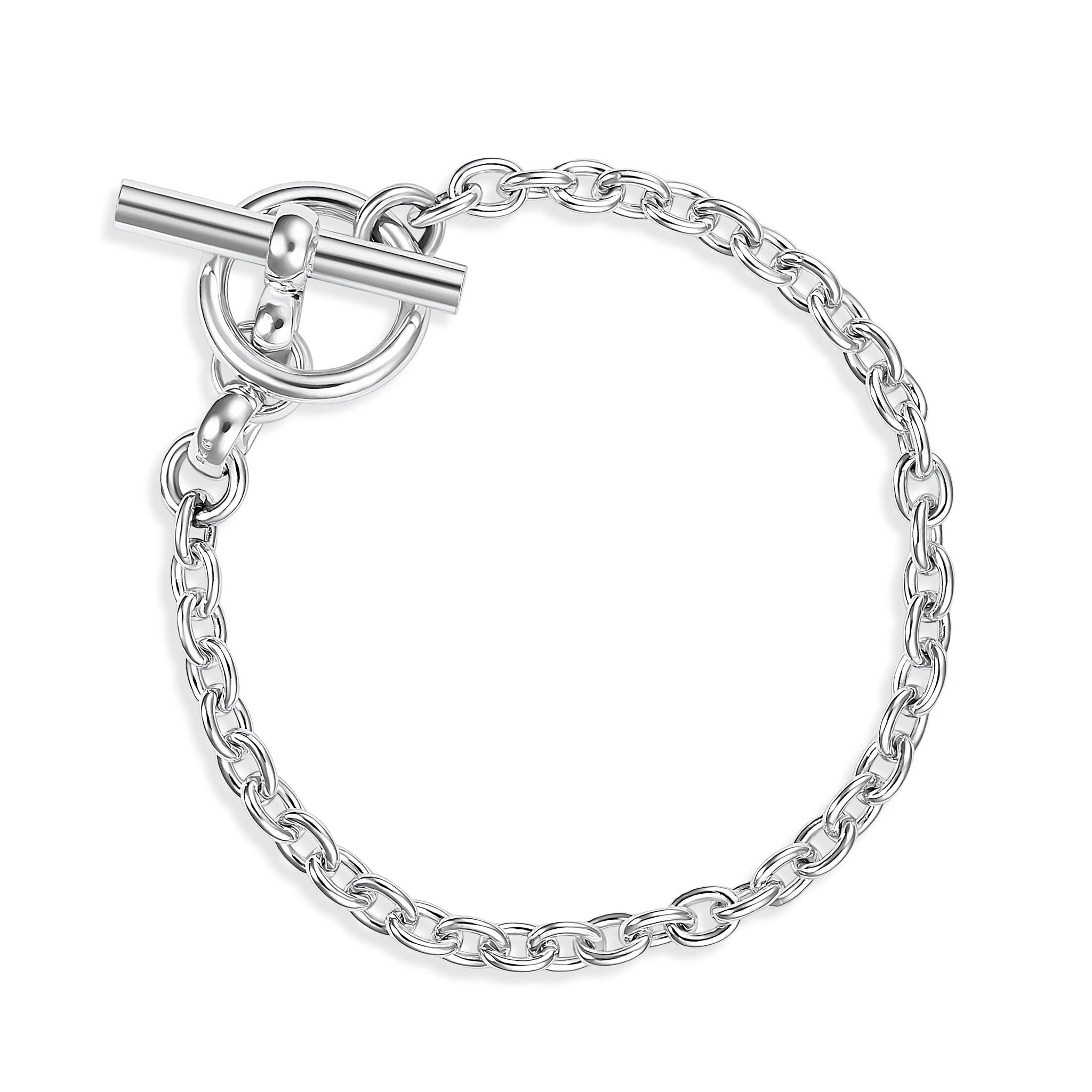 Silver chain bracelet with a t-bar clasp on a white background