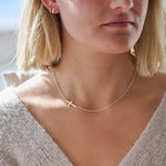 Close-up of a person wearing a silver necklace with a cross pendant.