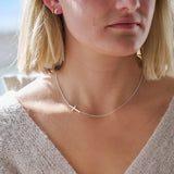 Close-up of a person wearing a silver necklace with a cross pendant.