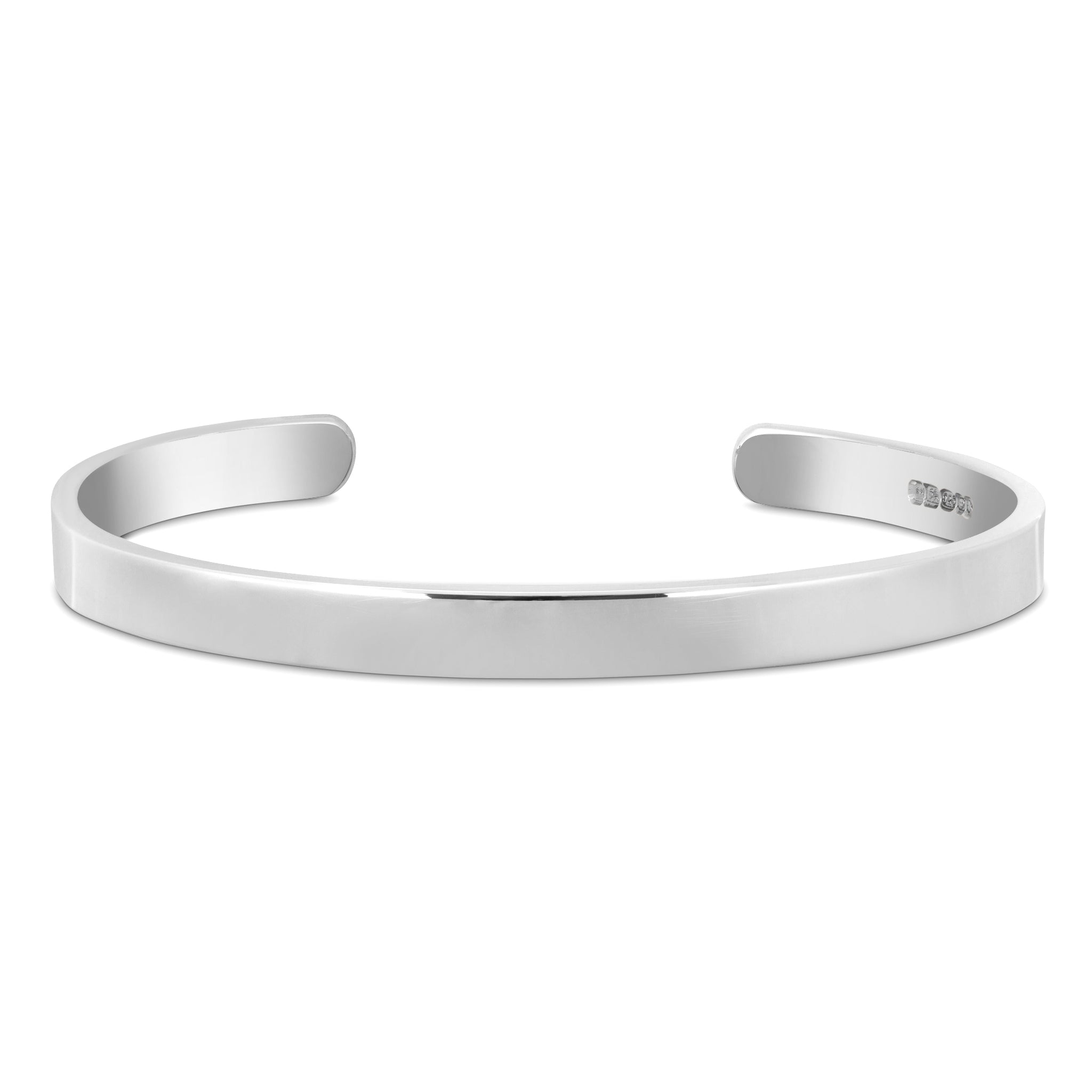 A minimalist silver-toned metal cuff bracelet with a polished, matte-finish exterior and a small '925' sterling silver hallmark engraved on the inner right side, shown against a plain white background.