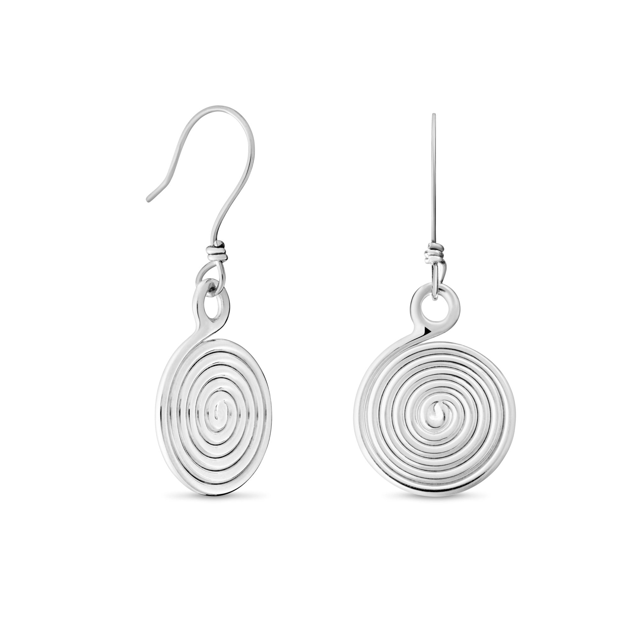 Silver spiral earrings on a white background
