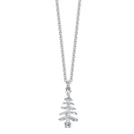 Silver necklace with a Christmas tree shaped pendant on a white background