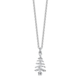 Silver necklace with a Christmas tree shaped pendant on a white background