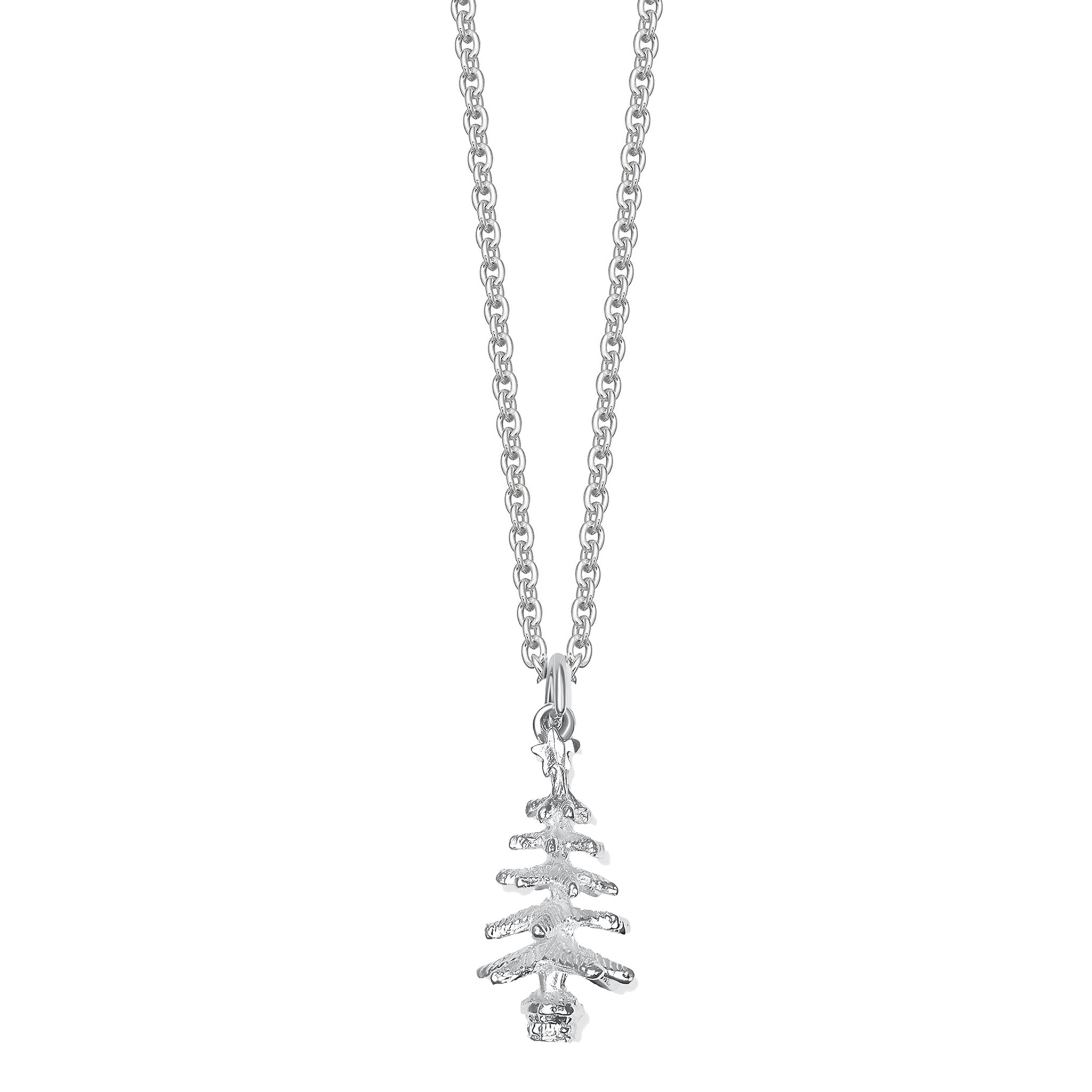 Silver necklace with a Christmas tree shaped pendant on a white background
