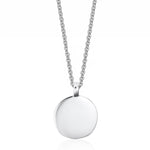 Silver necklace with a round pendant on a white background