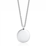 Silver necklace with a round pendant on a white background