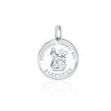 Silver pendant with engraved design on a white background