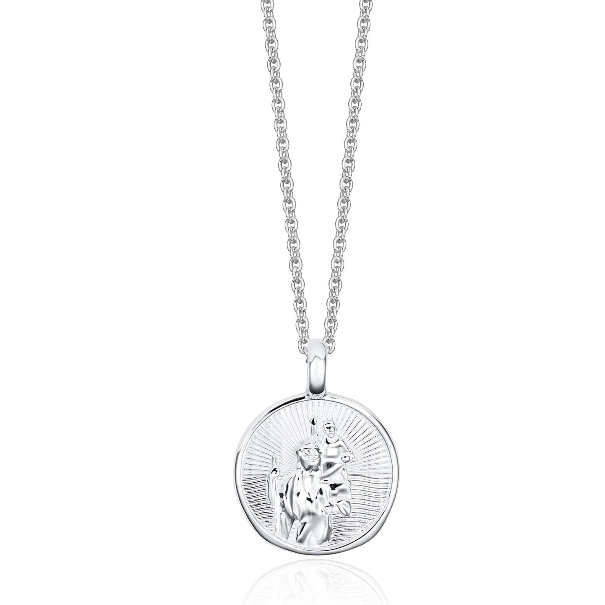 Silver necklace with a round pendant on a white background