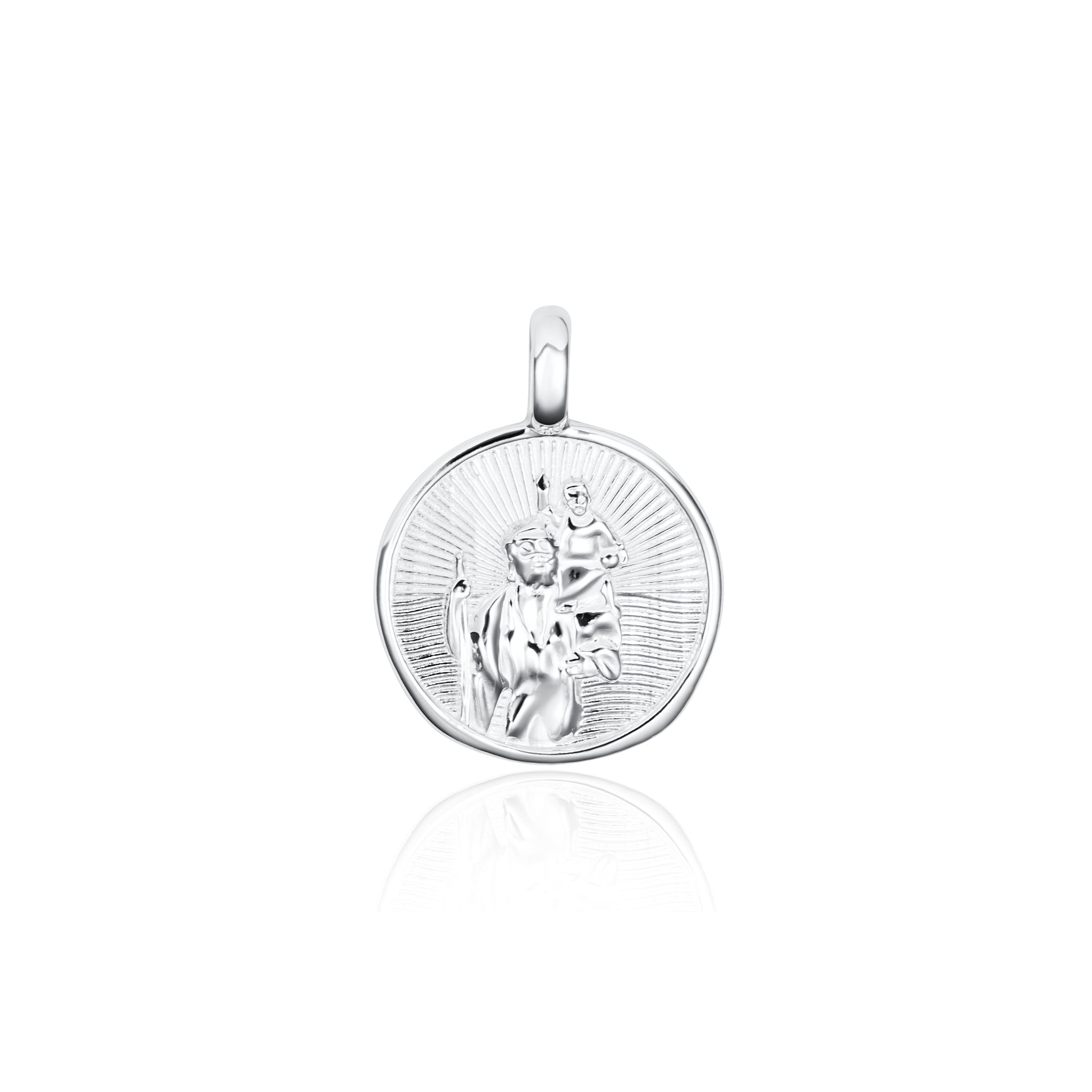 Silver pendant with a religious figure on a white background