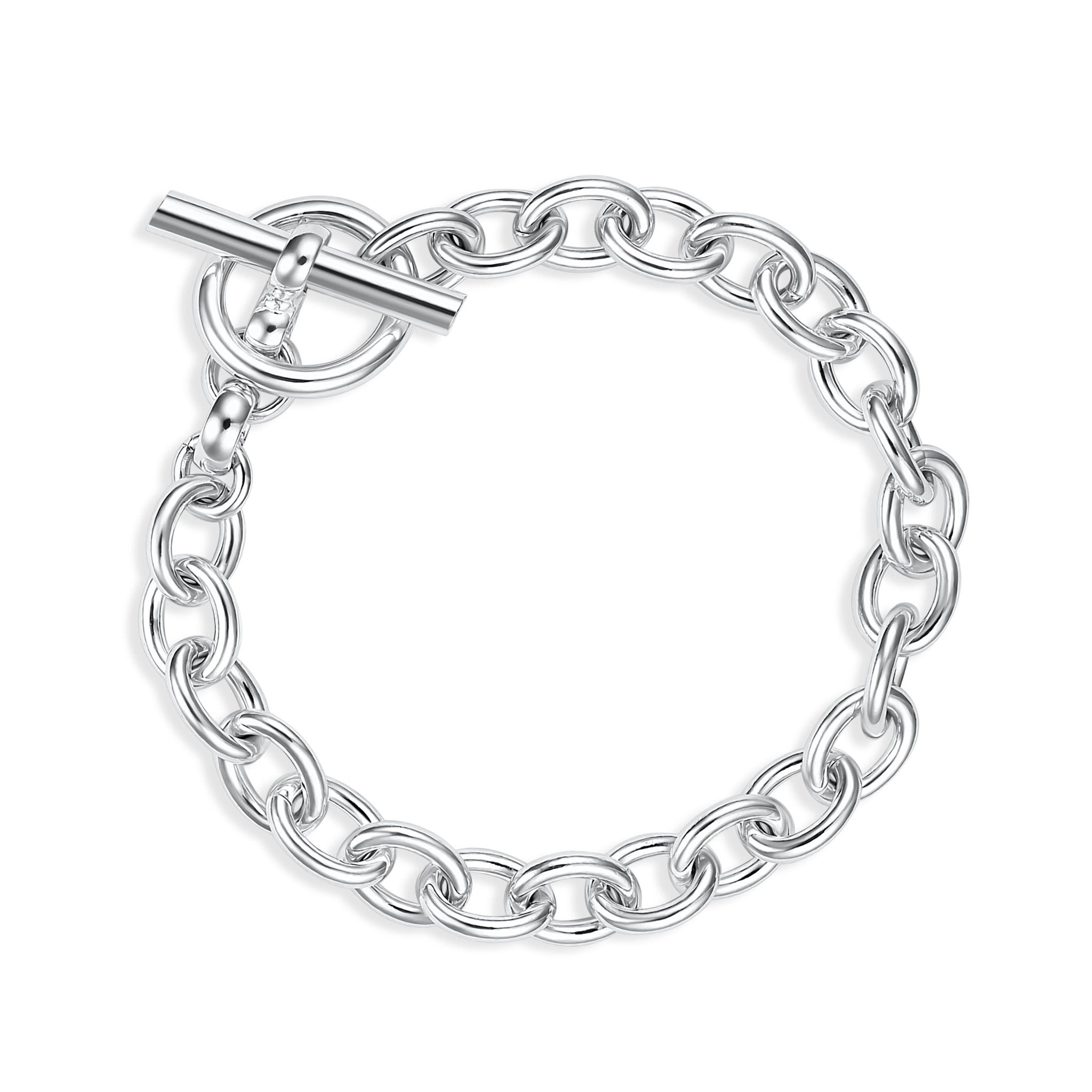 Silver chain bracelet with a t-bar clasp on a white background
