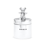 Silver bear figurine on top of a silver container with hallmarks on a white background.