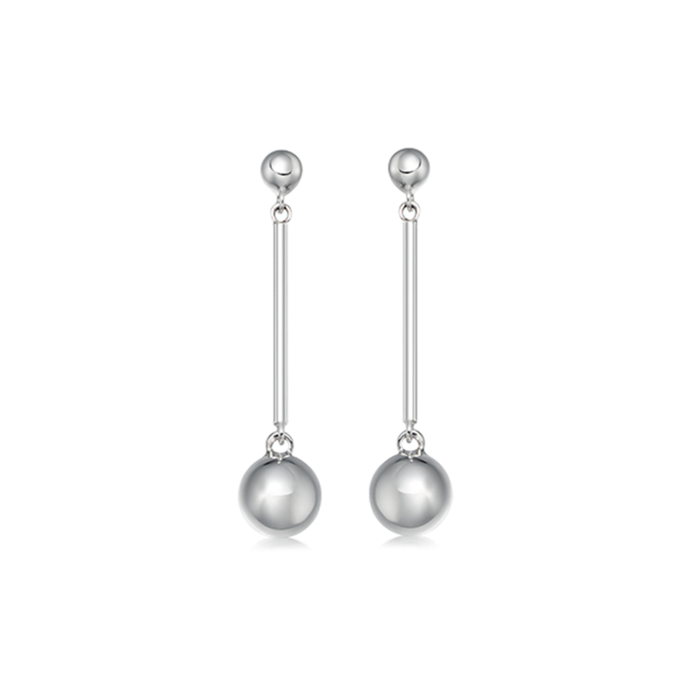 Pair of silver earrings with spherical  ball ends on a white background