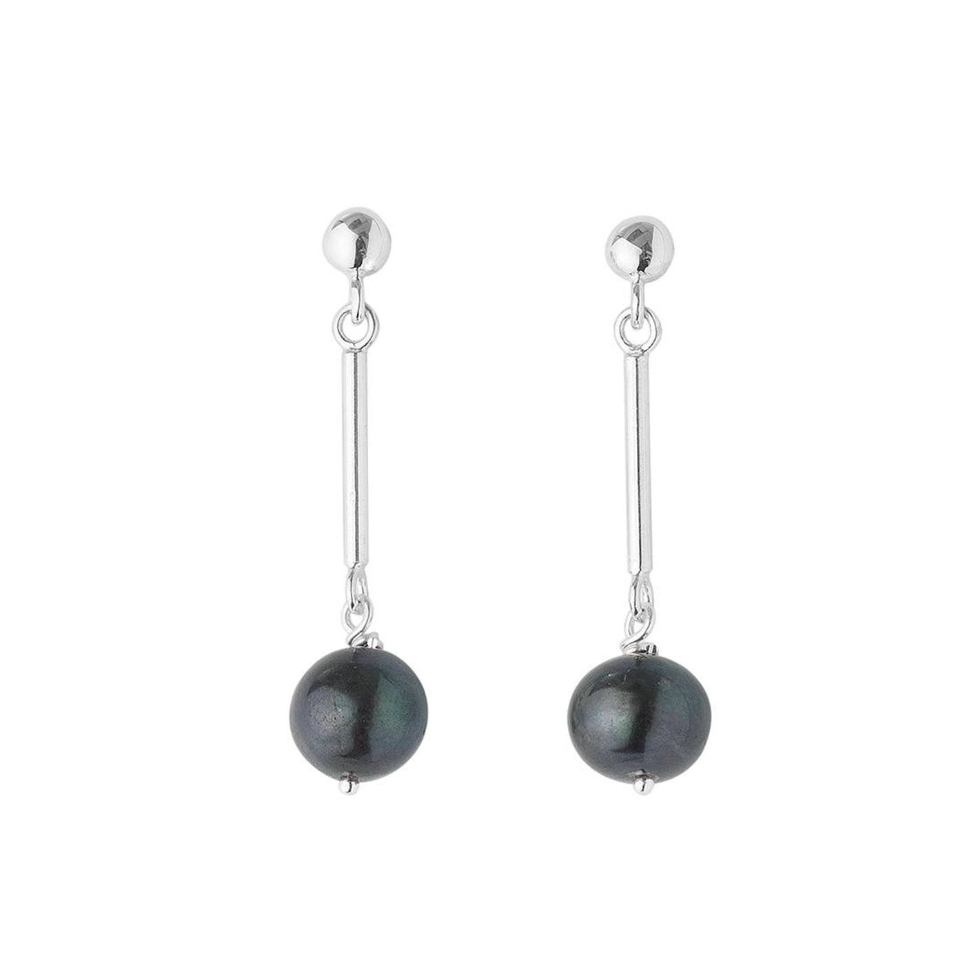 Pair of black pearl earrings with silver drops on a white background