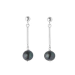 Pair of black pearl earrings with silver drops on a white background