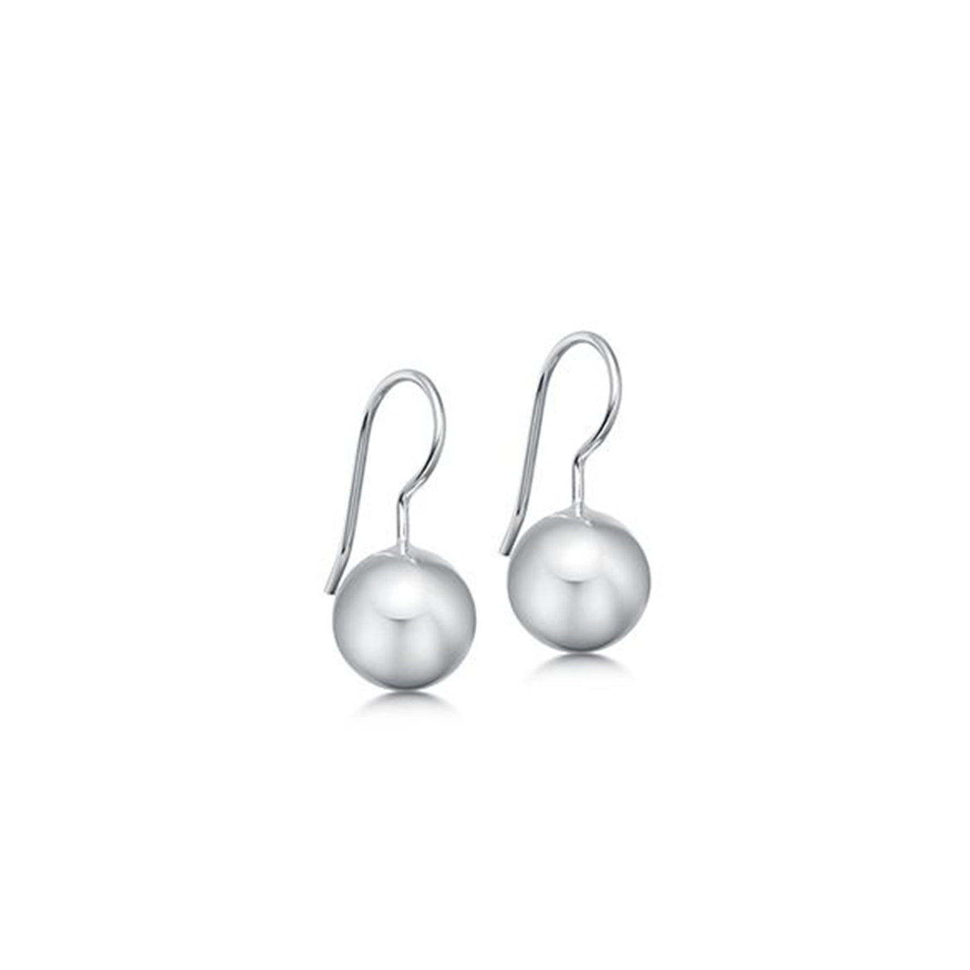Pair of silver ball hook earrings on a white background