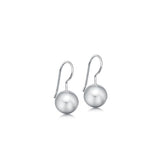 Pair of silver ball hook earrings on a white background