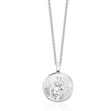 Silver necklace with a round pendant on a white background