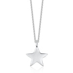 Silver star pendant on a chain against a white background