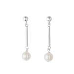 Pair of silver earrings with pearl drops on a white background