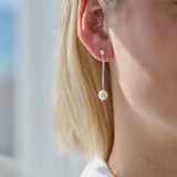 Women wearing pearl drop earrings with a blurred background