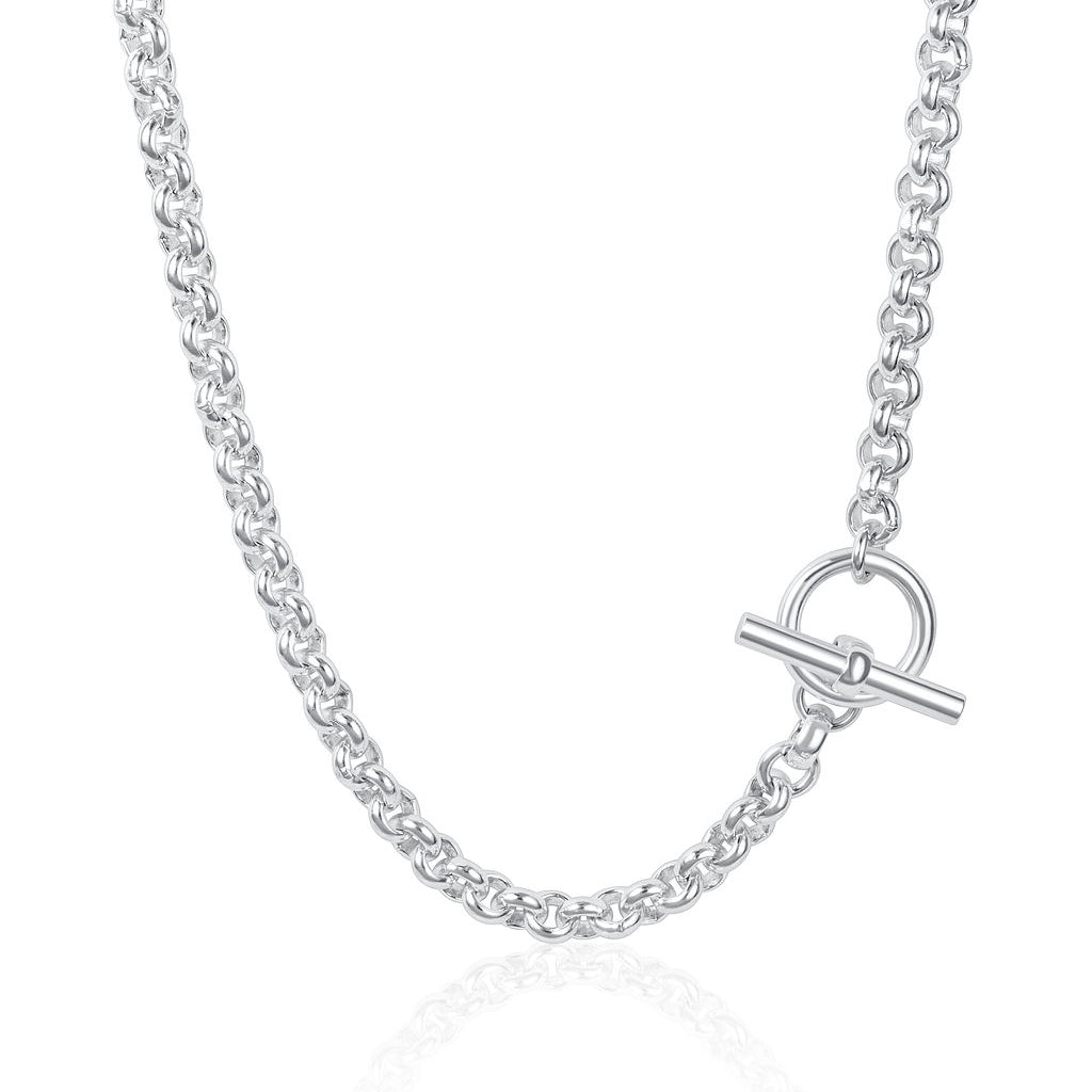 A sterling silver round T-bar belcher chain necklace with a clasp, displayed against a white background.