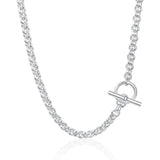 A sterling silver round T-bar belcher chain necklace with a clasp, displayed against a white background.