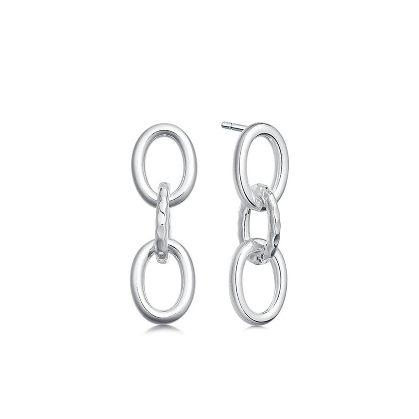 Pair of silver chain link earrings on a white background