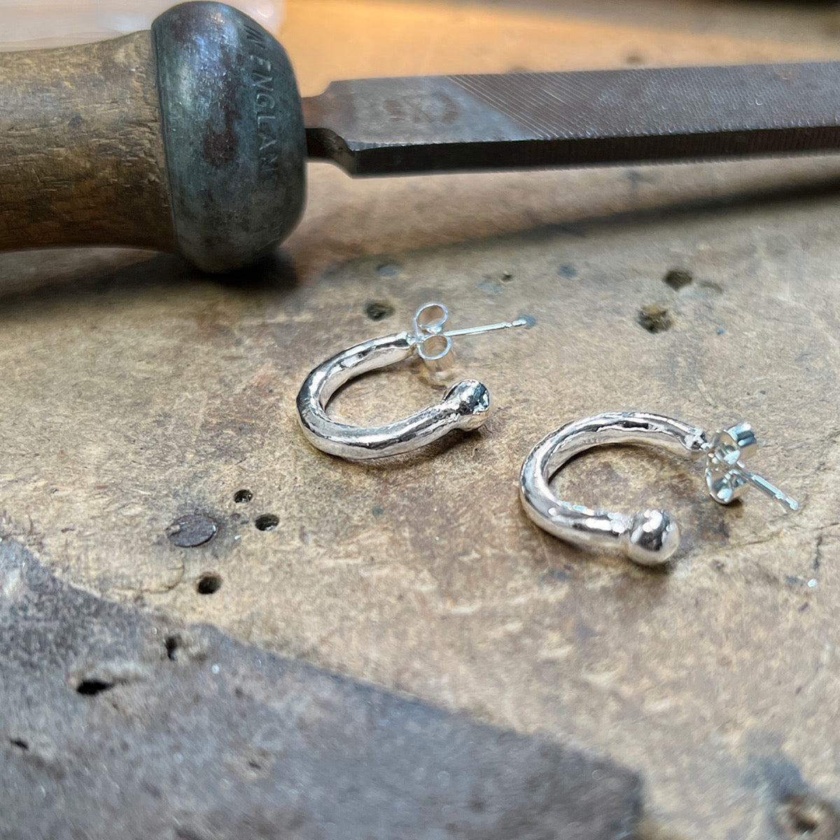 Silver ball end handmade hoop earrings 