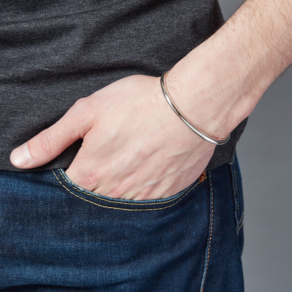 Round silver open mens bangle 