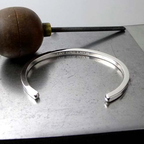 engraved open silver square section bangle