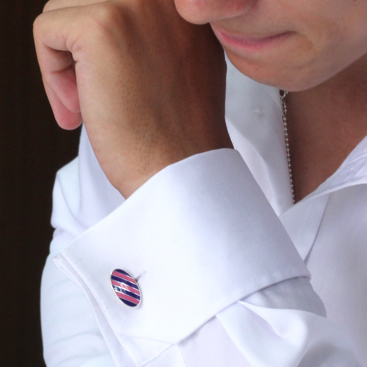 Silver Navy & Pink Striped Vitreous Enamel Cufflinks - hersey-and-son