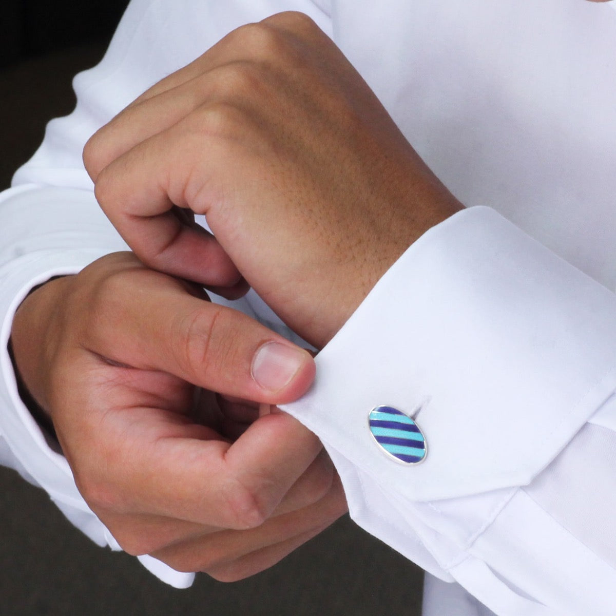Blue and light blue striped vitreous enamel cufflinks