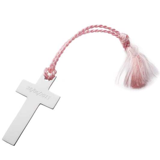 Silver Cross Bookmark Pink Tassel