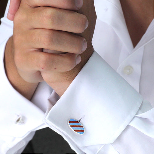 Silver claret and blue striped enamel cufflinks