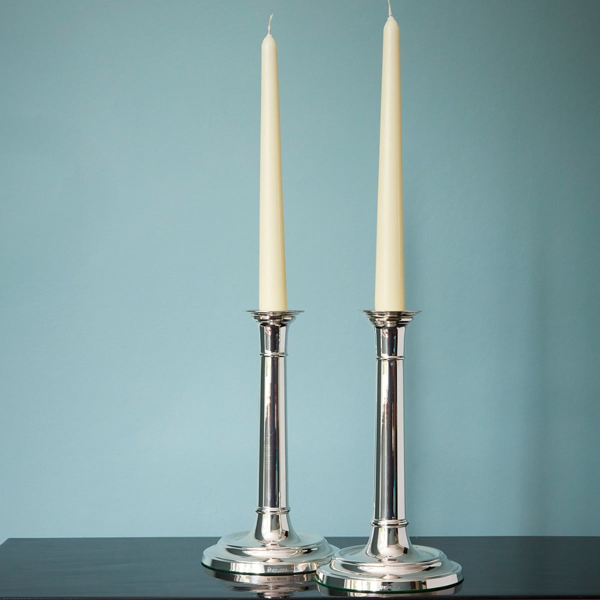 Silver straight column candlesticks pair