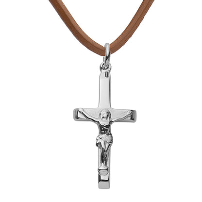 Silver Crucifix Leather Pendant