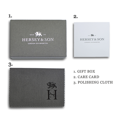 Hersey & Son Silversmiths Packaging Silver secret message cufflinks