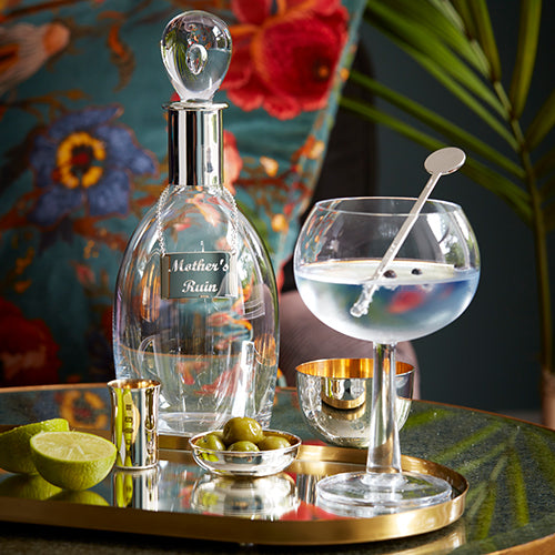 silver decanter with silver cocktail stirrer and gin glass